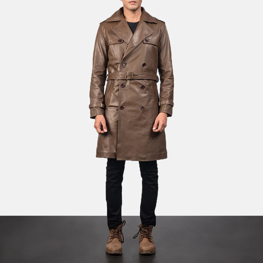 Royson Brown Leather Duster Coat by Lush Gear worn by a man with black pants and brown boots