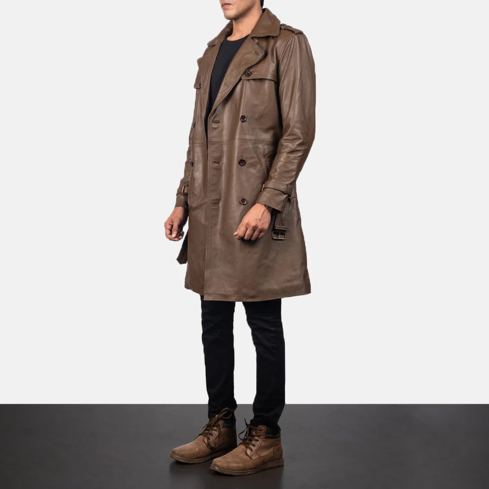 Man wearing Royson Brown Leather Duster Coat by Lush Gear styled with black pants and brown boots