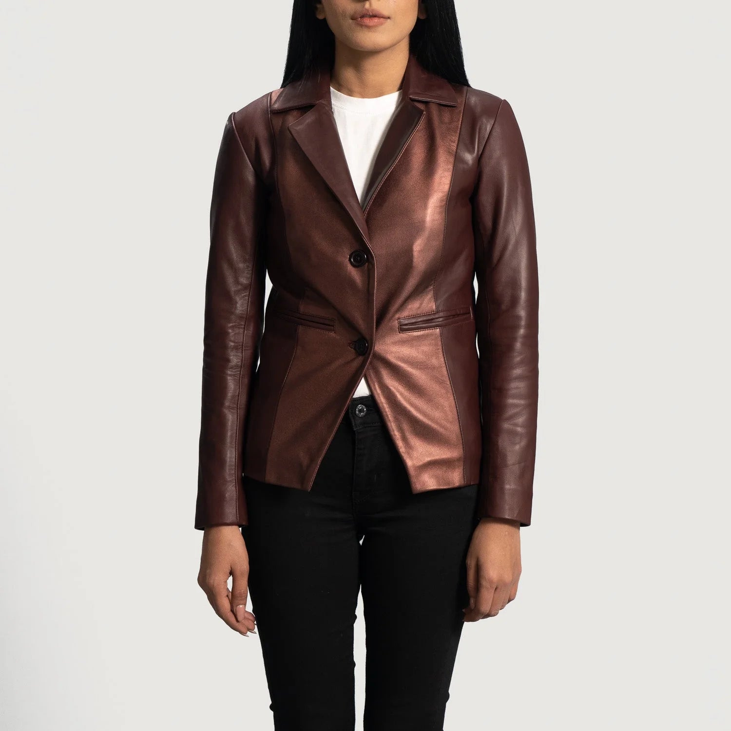 Lush Gear Ruby Metallic Maroon Leather Blazer with two-button closure and notch lapel collar