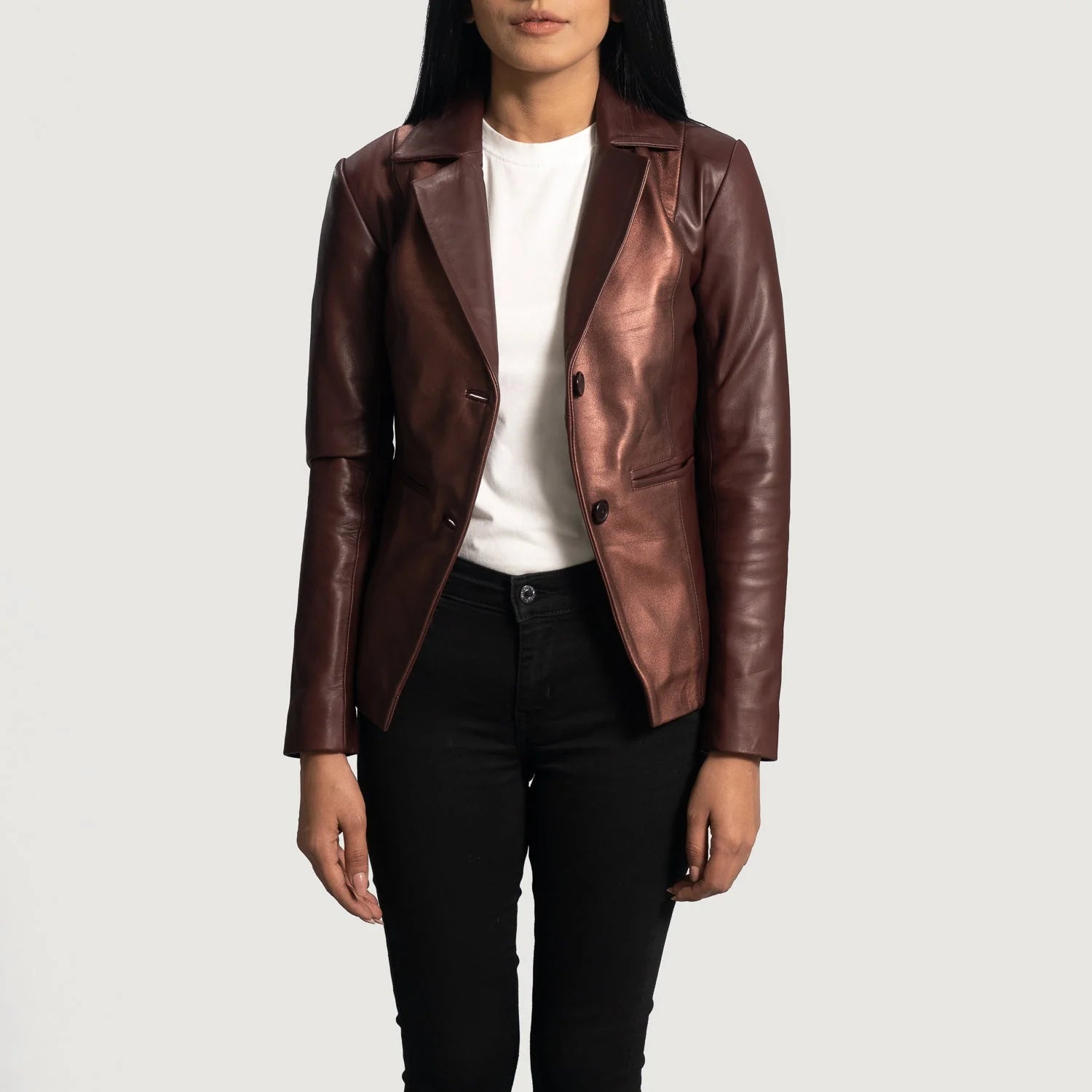 Lush Gear Ruby Metallic Maroon Leather Blazer worn by woman with white shirt and black pants