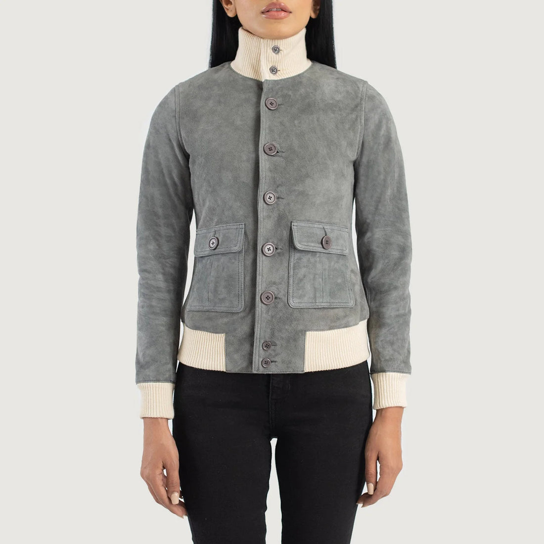 Sasha A1 Grey Suede Bomber Jacket by Lush Gear worn by model with button closure and front pockets