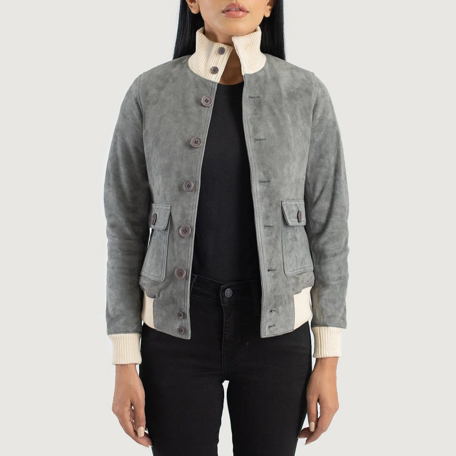 Sasha A1 Grey Suede Bomber Jacket by Lush Gear with button closure and ribbed cuffs