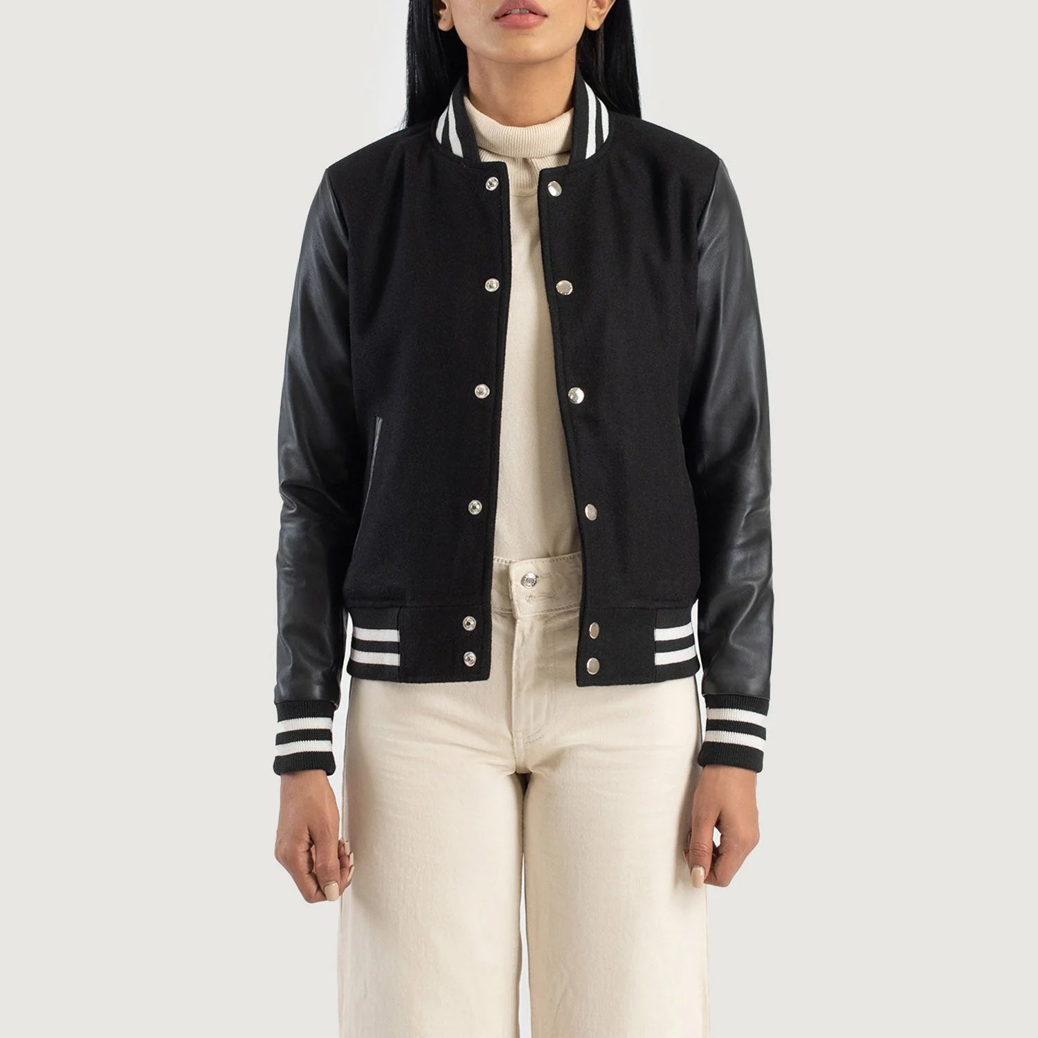 Lush Gear Savant Black Hybrid Varsity Jacket with black wool body and leather sleeves
