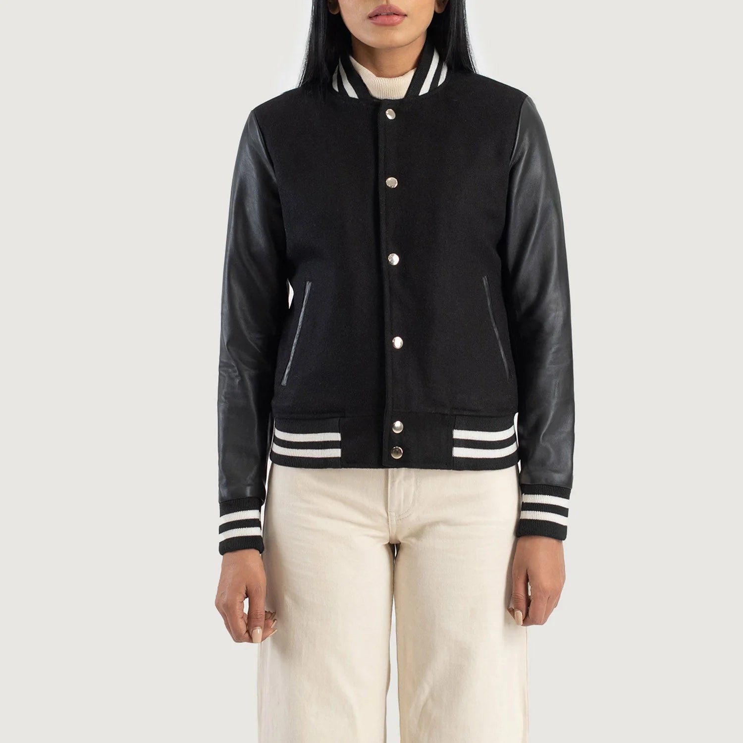 Savant Black Hybrid Varsity Jacket with black body and leather sleeves by Lush Wear
