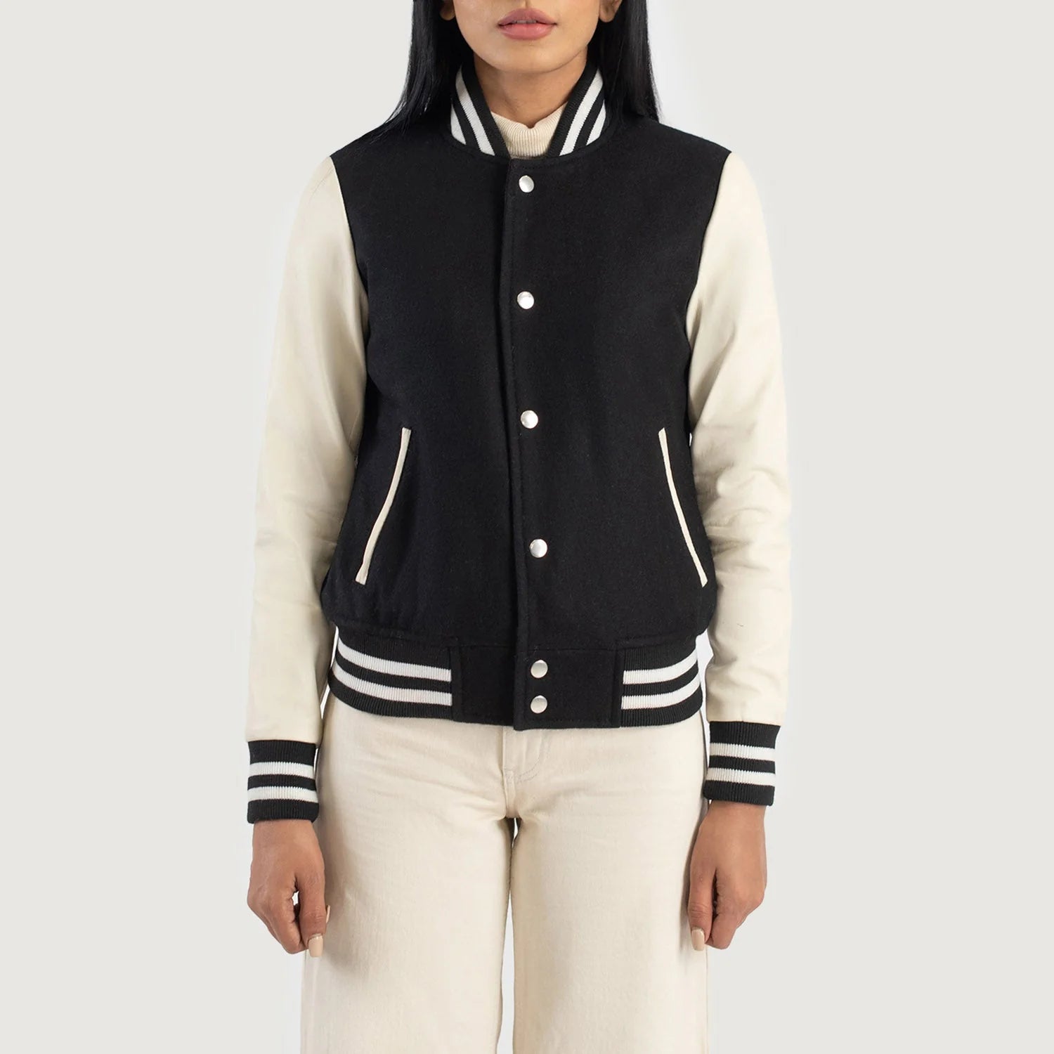 Savant Black & White Hybrid Varsity Jacket with striped collar and cuffs by Lush Gear