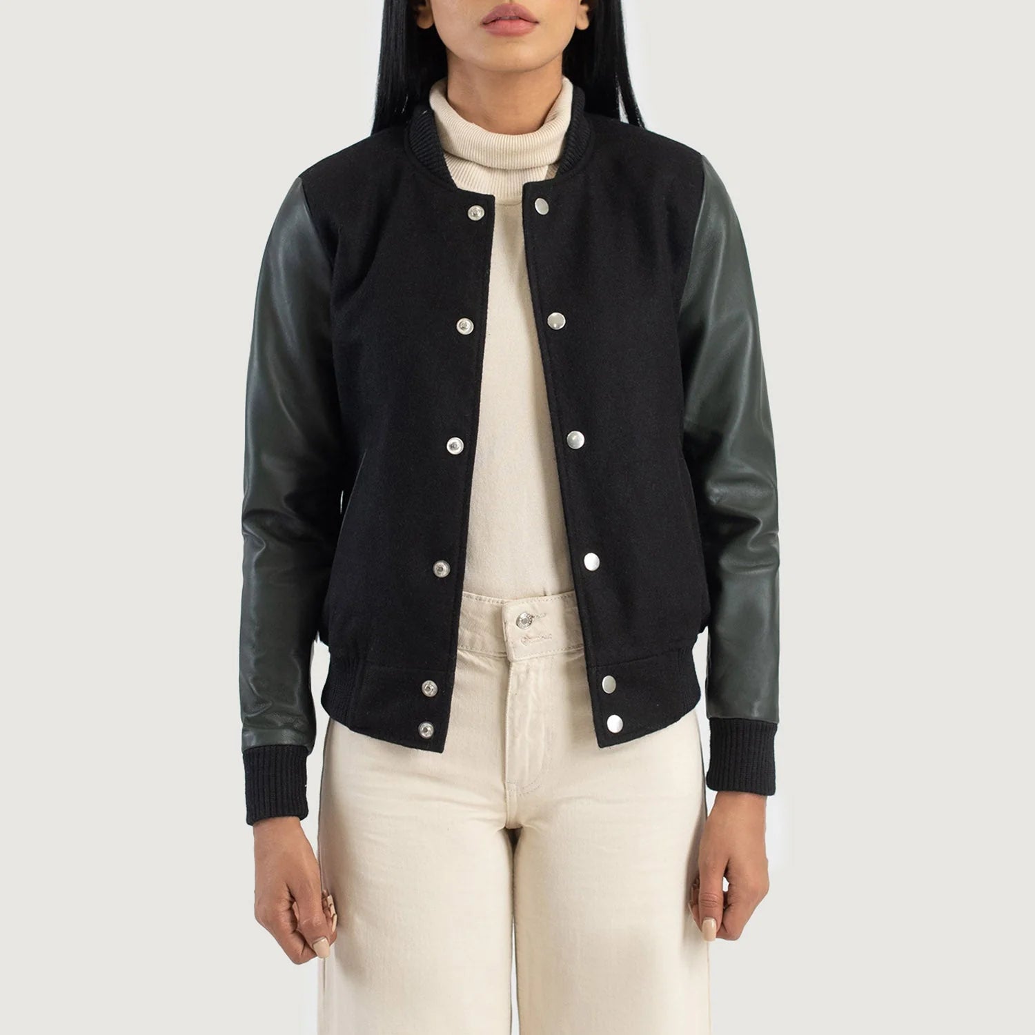 Savant Green & Black Hybrid Varsity Jacket by Lush Gear with black body and green leather sleeves