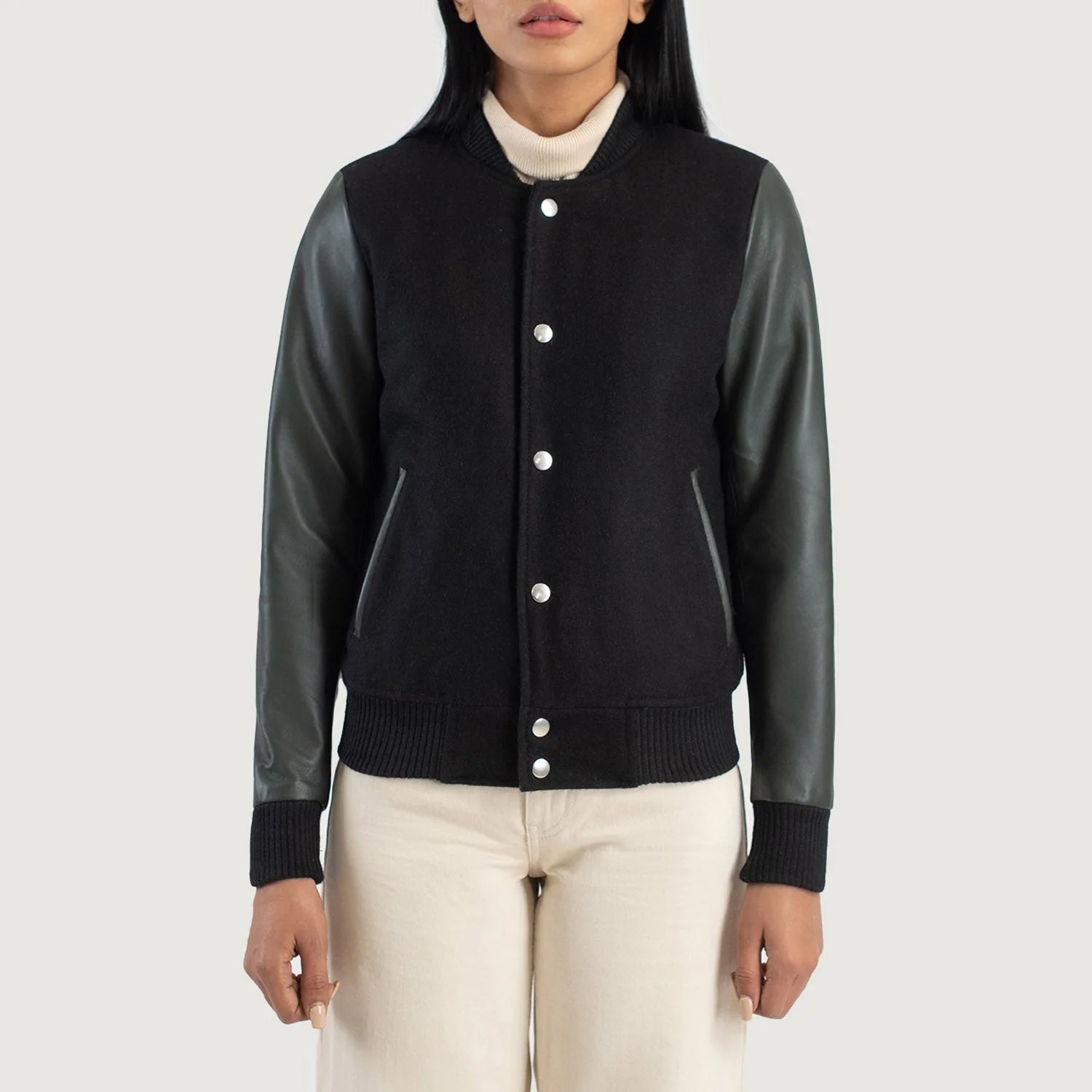 Savant Green & Black Hybrid Varsity Jacket with black wool body and green leather sleeves for stylish wear