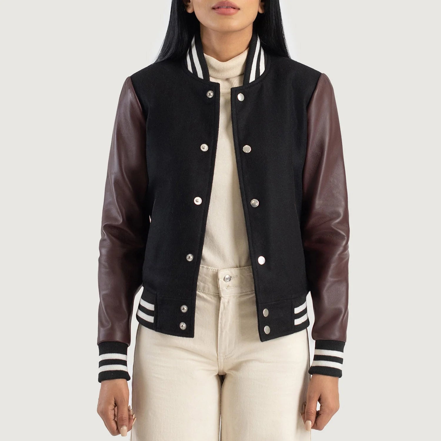Savant Maroon & Black Hybrid Varsity Jacket by Lush Gear with leather sleeves and striped ribbed cuffs