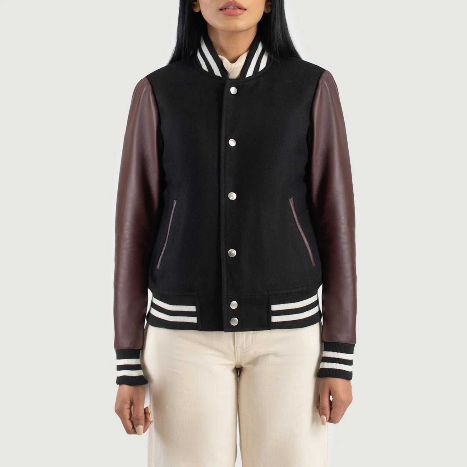 Savant Maroon & Black Hybrid Varsity Jacket from Lush Gear featuring maroon leather sleeves and black body with striped collar and cuffs