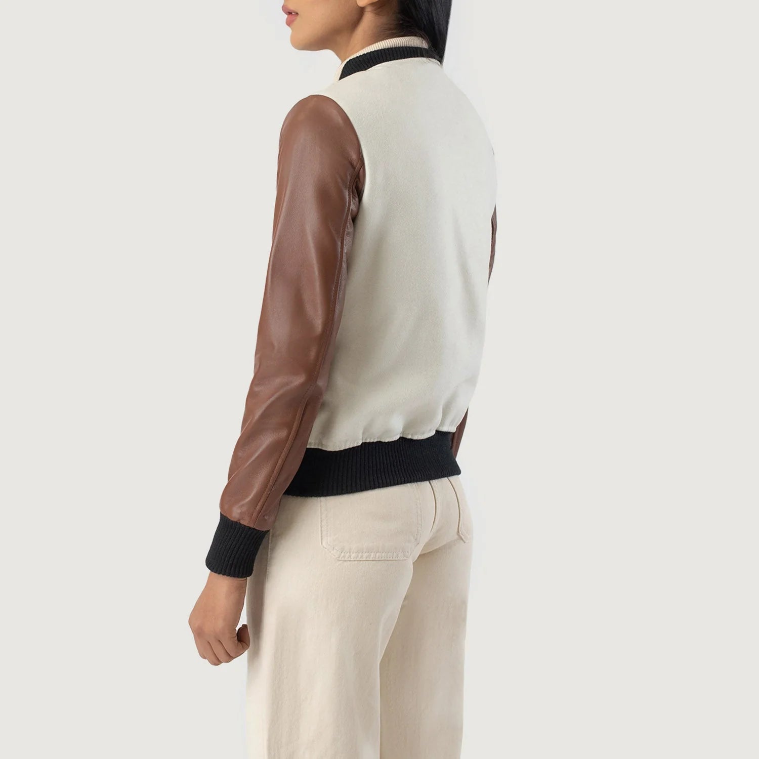 Rear view of Savant White & Brown Hybrid Varsity Jacket with white body and brown leather sleeves