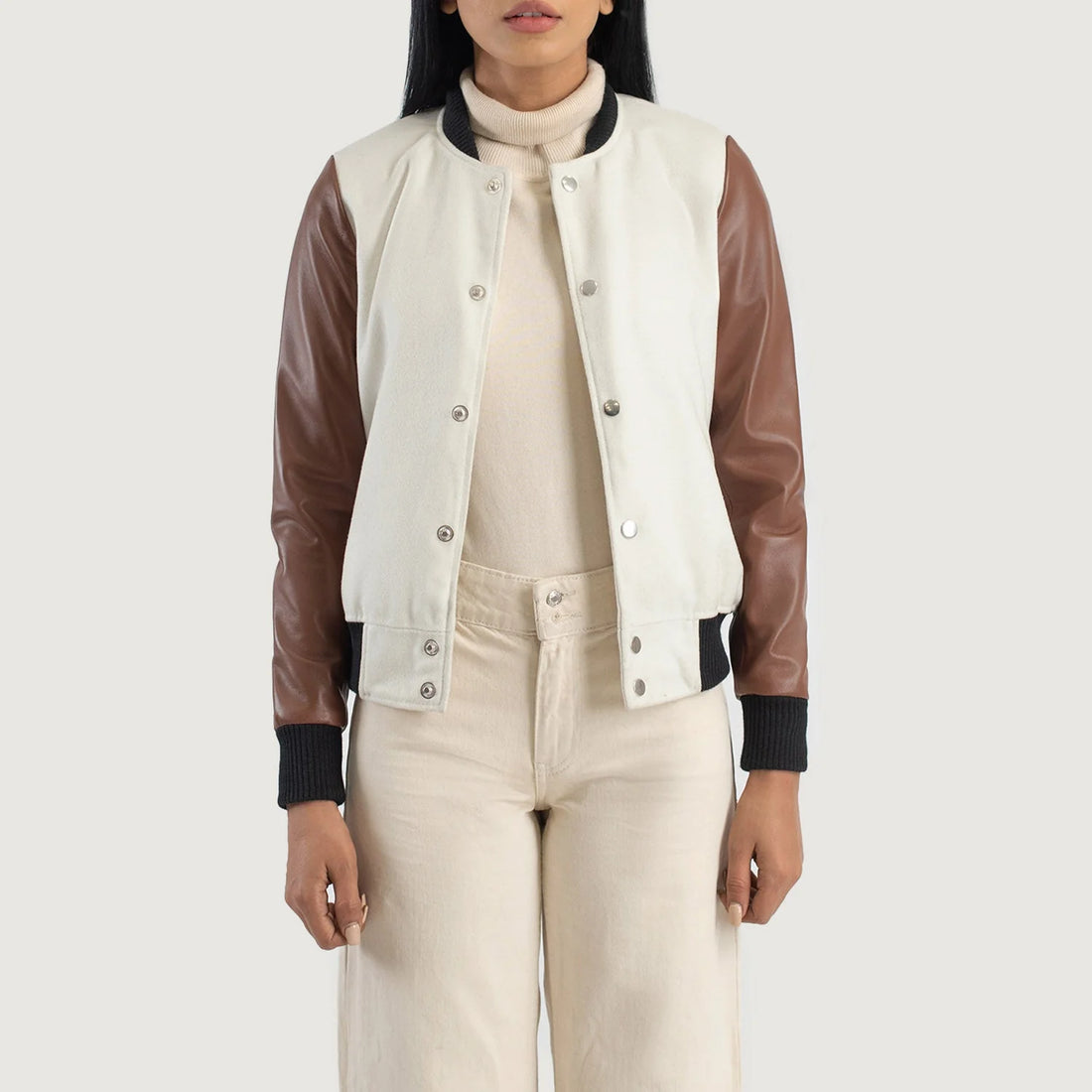Savant White & Brown Hybrid Varsity Jacket by Lush Gear with white body and brown leather sleeves
