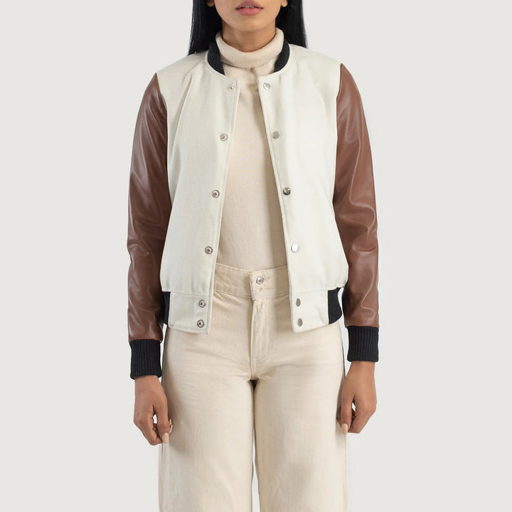 Savant White & Brown Hybrid Varsity Jacket by Lush Gear with white body and brown leather sleeves