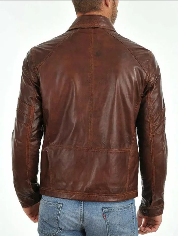 Back view of a brown leather Scully zip front jacket by Lush Wear worn with blue jeans