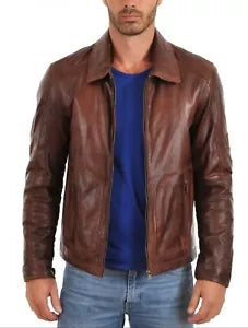 Lush Wear Scully zip front jacket in brown leather modeled with blue shirt and jeans