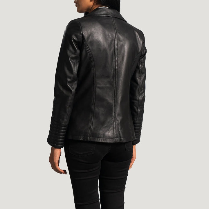 Back view of model wearing Selina Black Leather Blazer by Lush Gear with stitched sleeve details