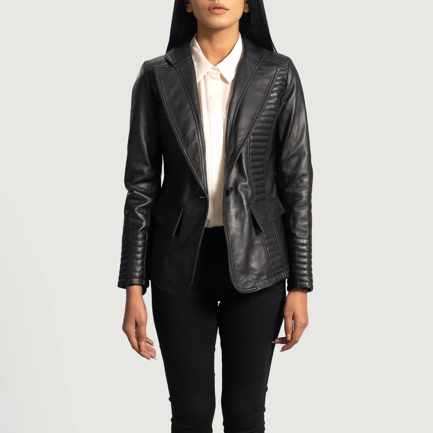 Selina Black Leather Blazer by Lush Gear worn over white shirt and black pants on female model