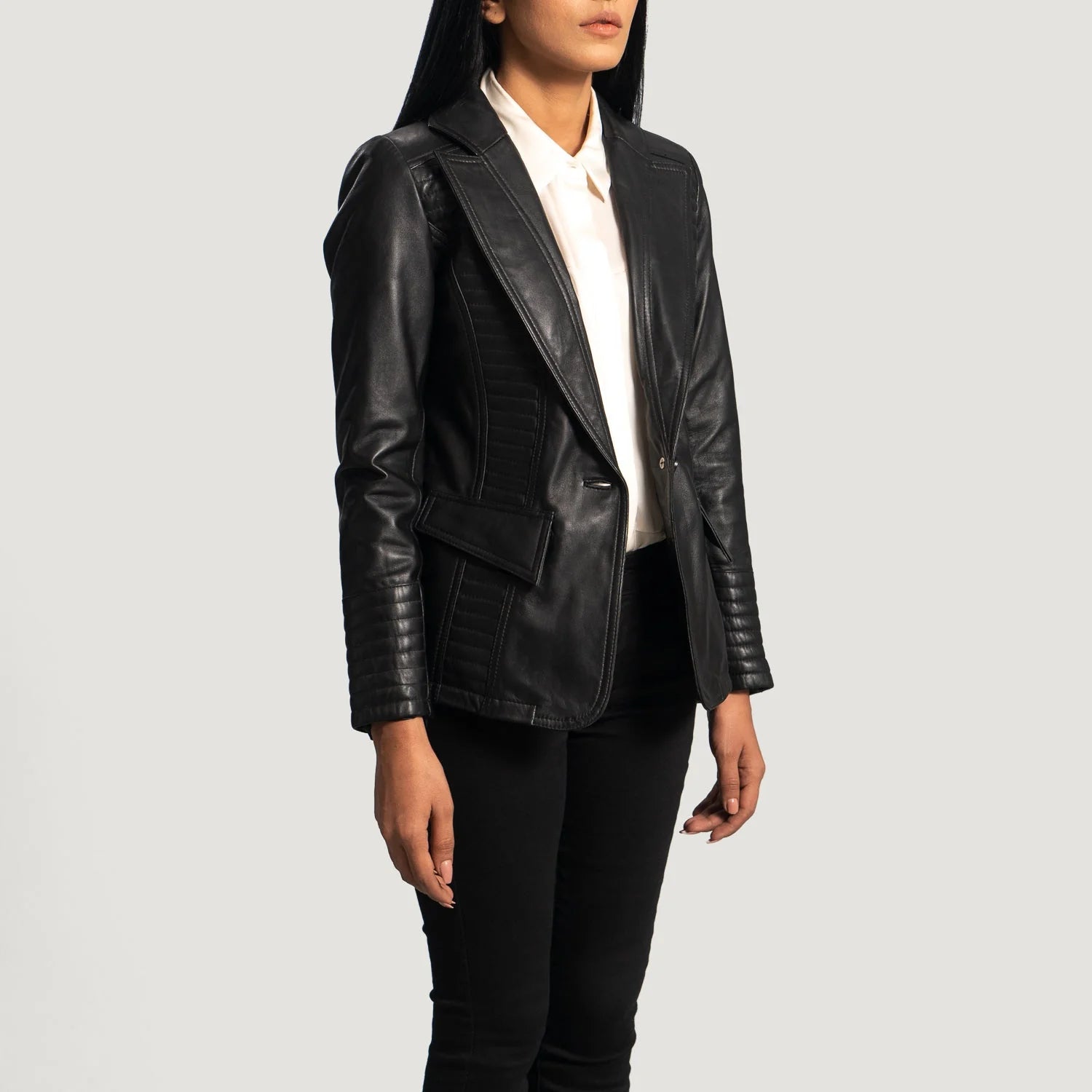 Selina Black Leather Blazer from Lush Gear modeled with white shirt and black pants