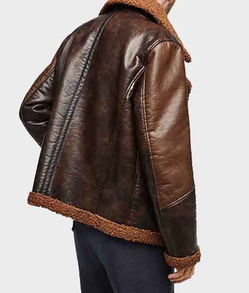 Lush Gear brown shearling bomber jacket for men with cozy fur lining and durable leather exterior