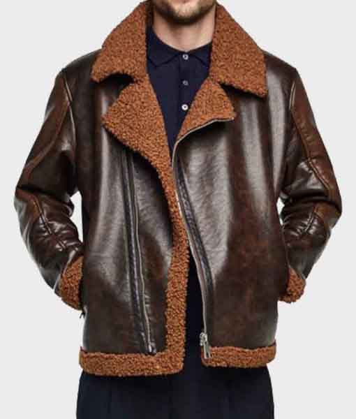Lush Gear brown shearling bomber jacket for men with plush collar and cuffs