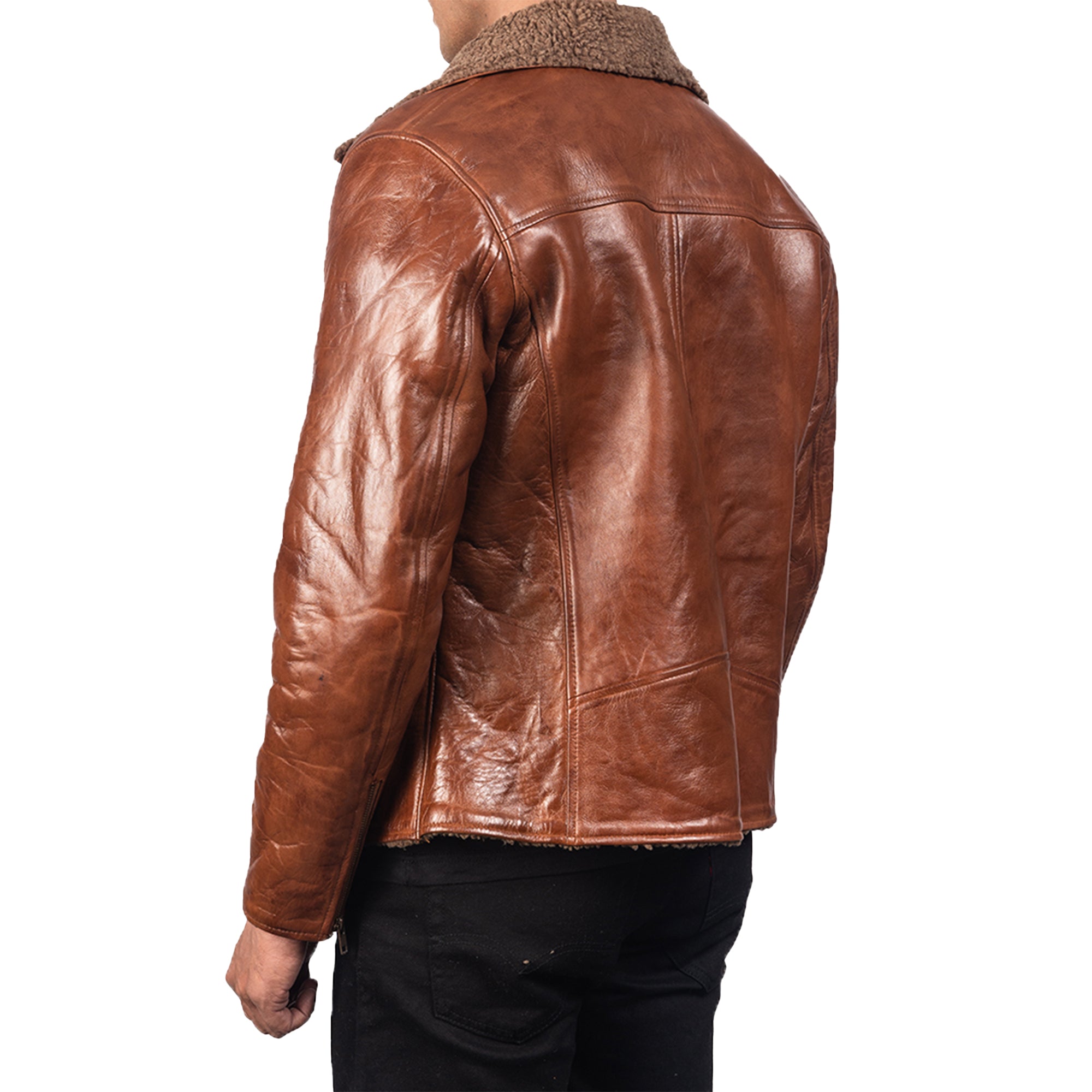 Back view of a man wearing a shearling brown leather jacket with a soft collar by Lush Wear