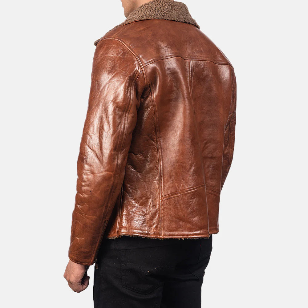 Back view of man wearing shearling brown leather jacket with warm collar from Lush Gear