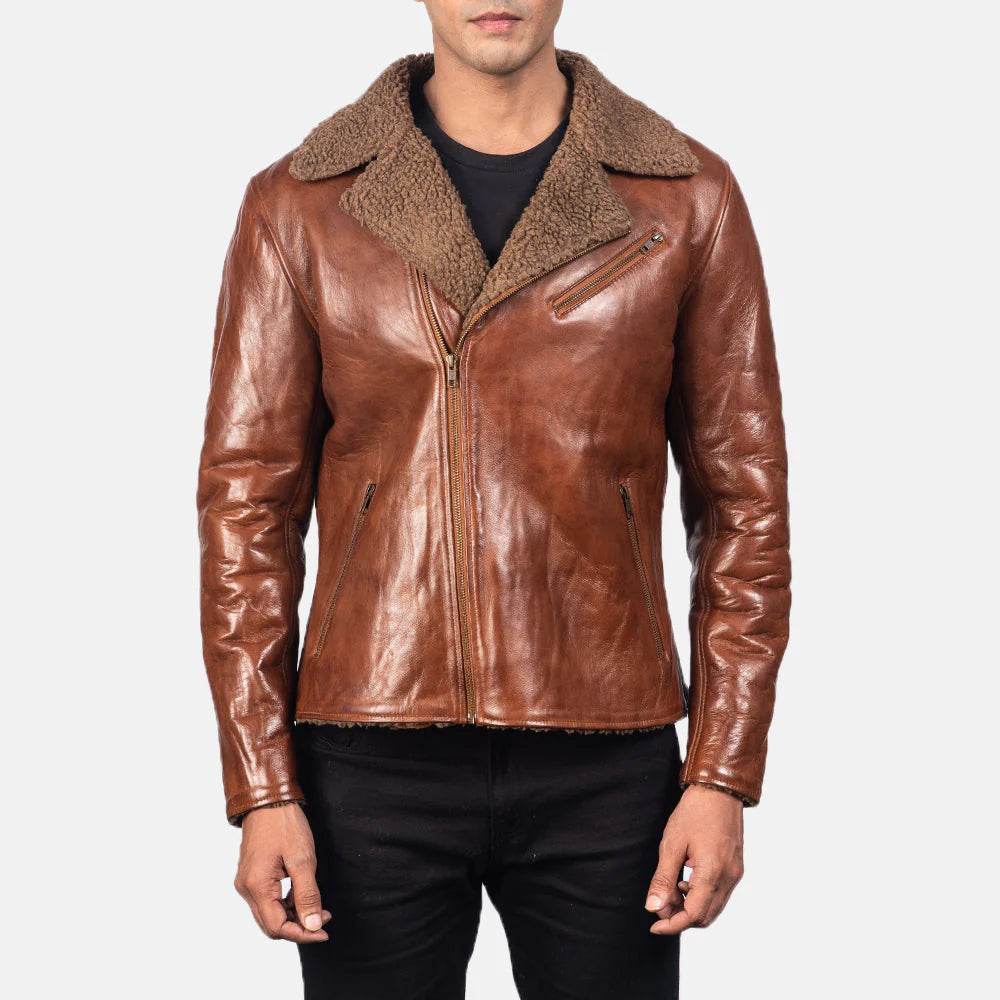 Lush Gear shearling brown leather jacket with warm plush collar and front zipper pockets