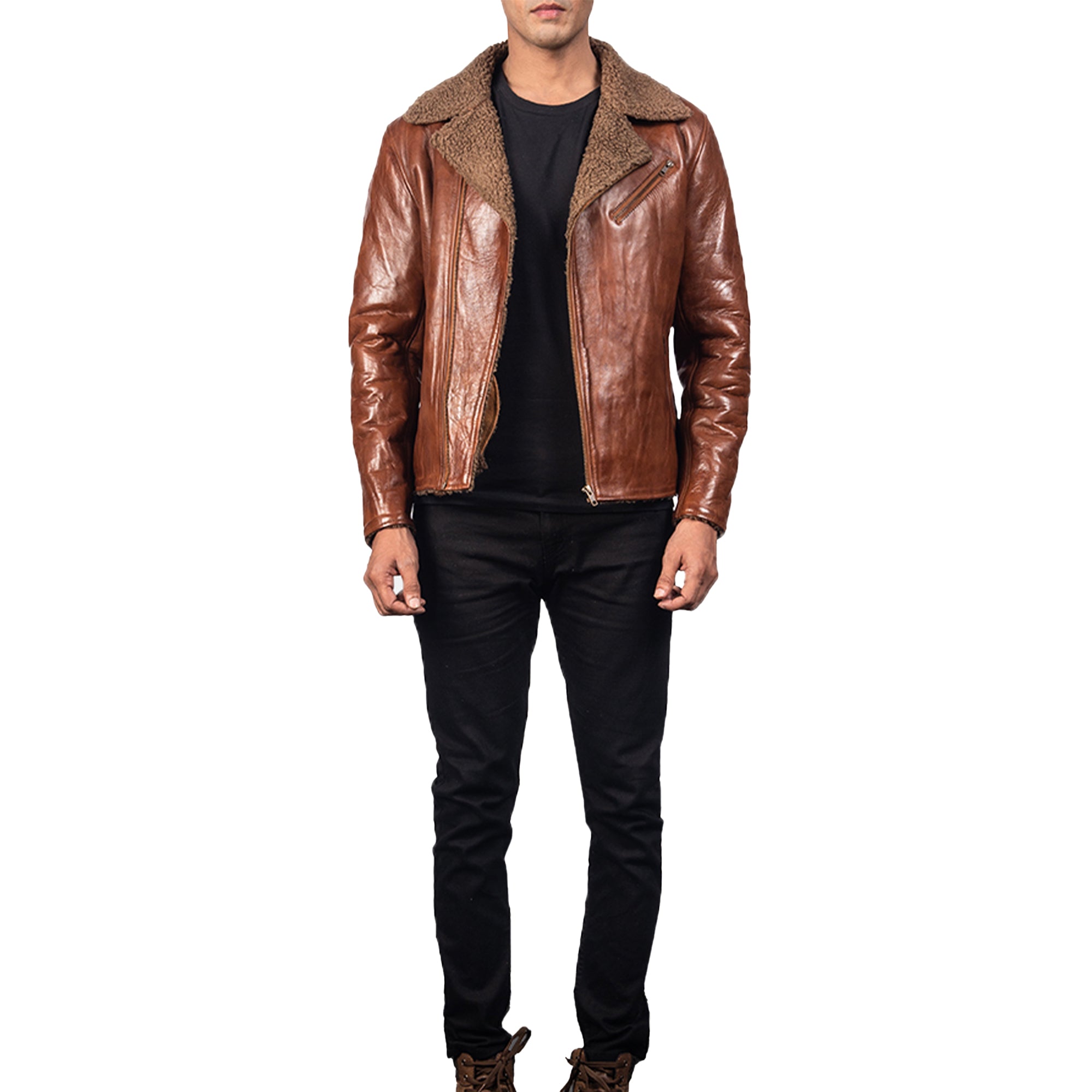 Lush Wear shearling brown leather jacket with plush collar worn over black shirt and pants