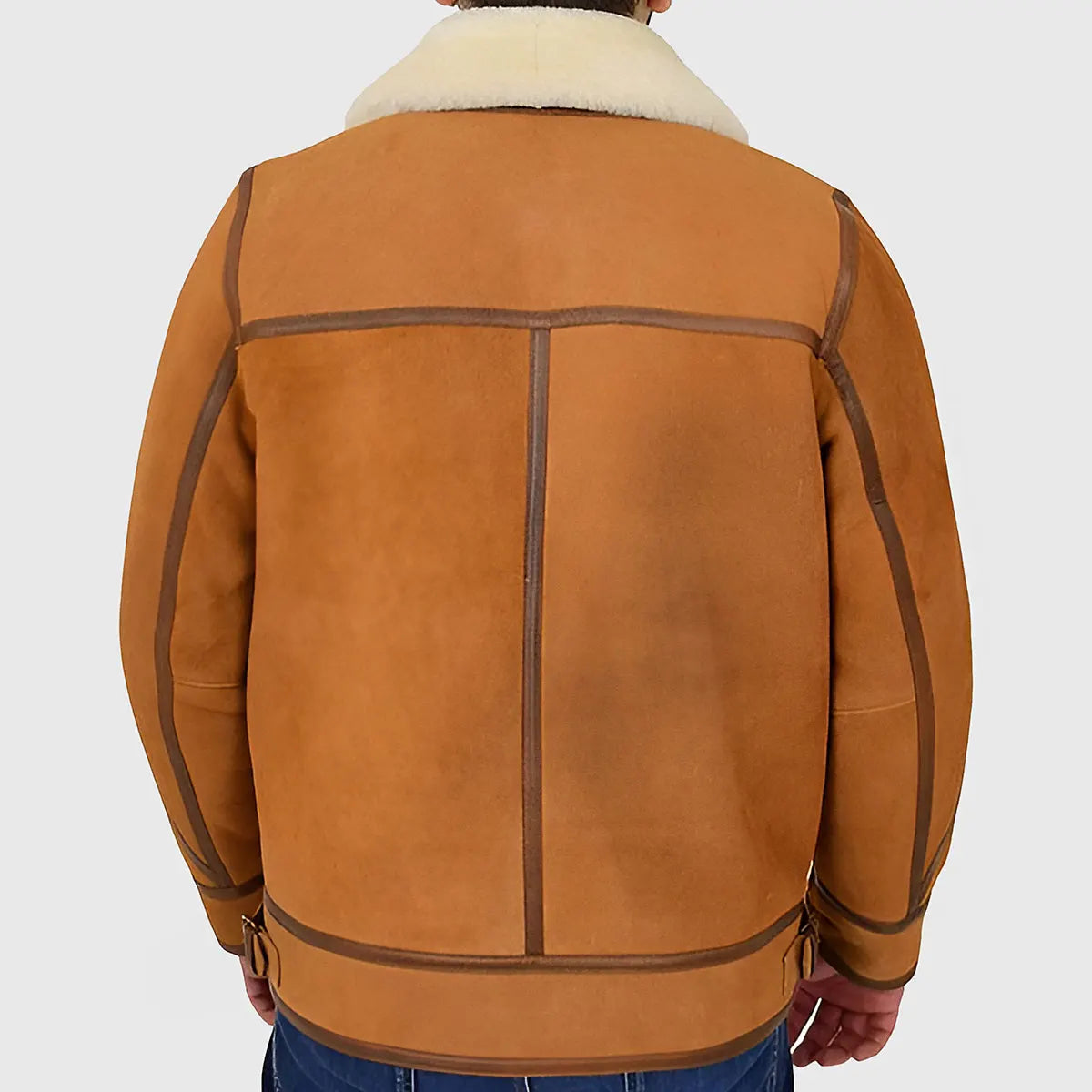Back view of shearling leather bomber jacket for men in tan with cream collar by Lush Gear