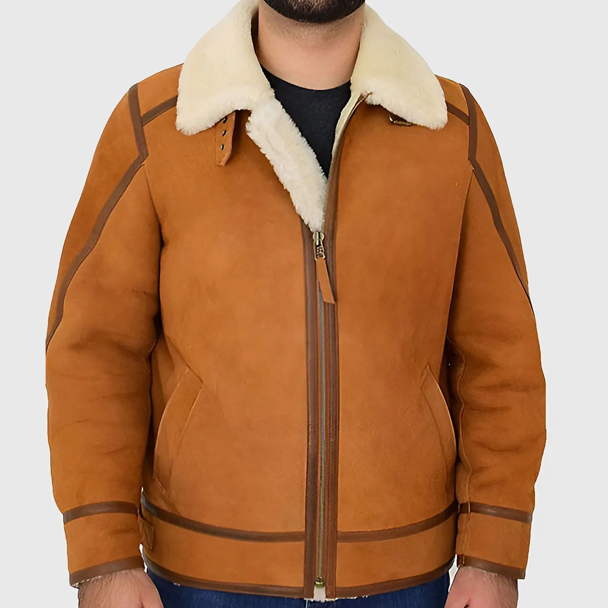 Lush Gear shearling leather bomber jacket for men in tan with cream fur collar and zipper closure