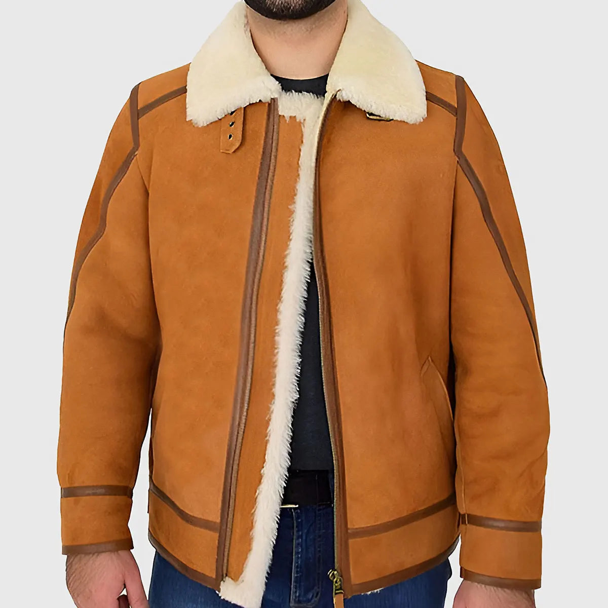 Lush Gear shearling leather bomber jacket for men in tan with cream fur collar and lining