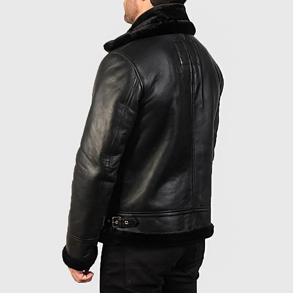 Lush Wear black shearling lined bomber jacket for men shown from back with fur collar and cuffs
