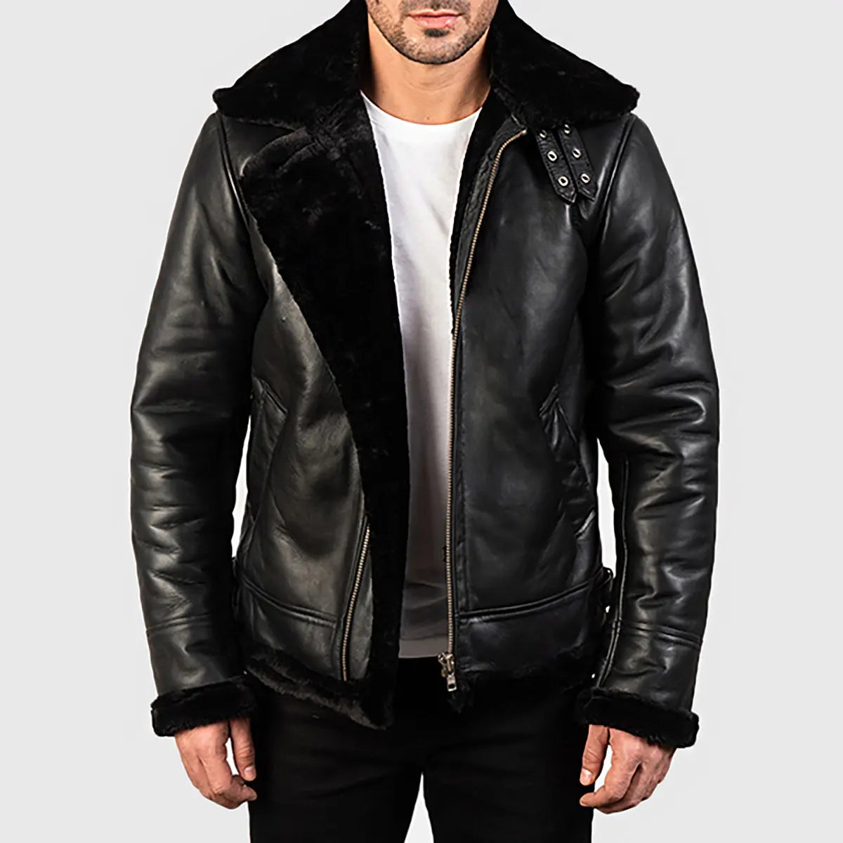 Lush Gear black shearling lined bomber jacket for men with fur collar and zip front