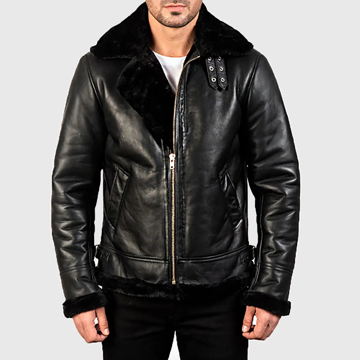 Lush Gear black shearling lined bomber jacket for men with fur collar and front zipper closure