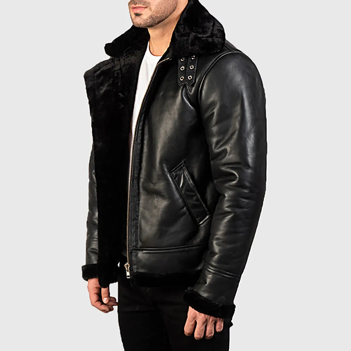 Black shearling lined bomber jacket for men by Lush Gear with plush collar and front pockets