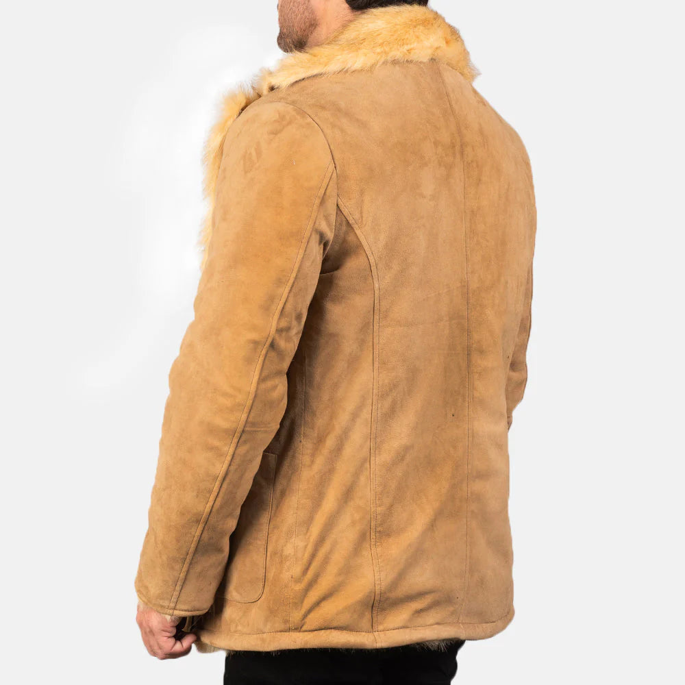 Lush Gear tan shearling suede winter jacket with plush fur collar viewed from the back