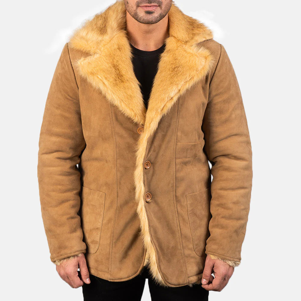 Lush Gear men's shearling suede winter jacket with tan fur collar and button closure