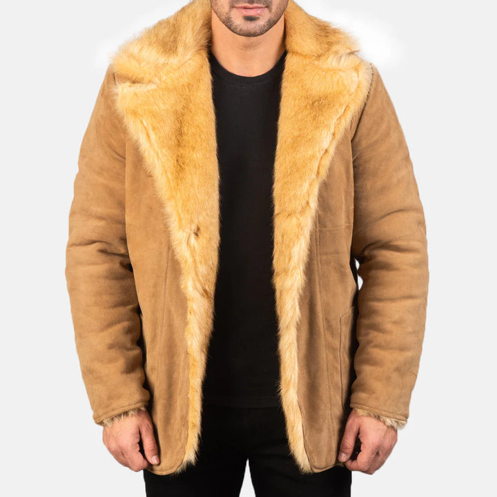 Lush Gear shearling suede winter jacket with soft tan fur lining and brown suede exterior on a male model