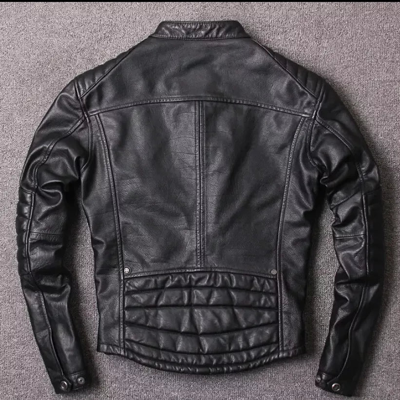 Short Standing Collar Slim Fit Motorcycle Top Layer Cowhide Jacket in black leather by Lush Gear shown from the back