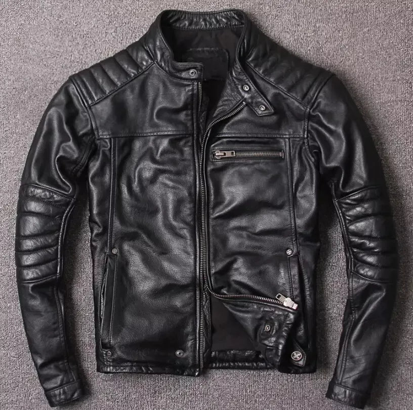 Short Standing Collar Slim Fit Motorcycle Top Layer Cowhide Jacket by Lush Wear in black leather