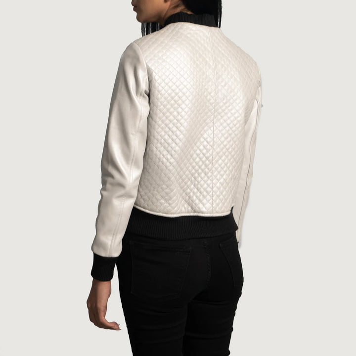 Lush Gear silver leather bomber jacket with quilted back and black ribbed cuffs worn by model