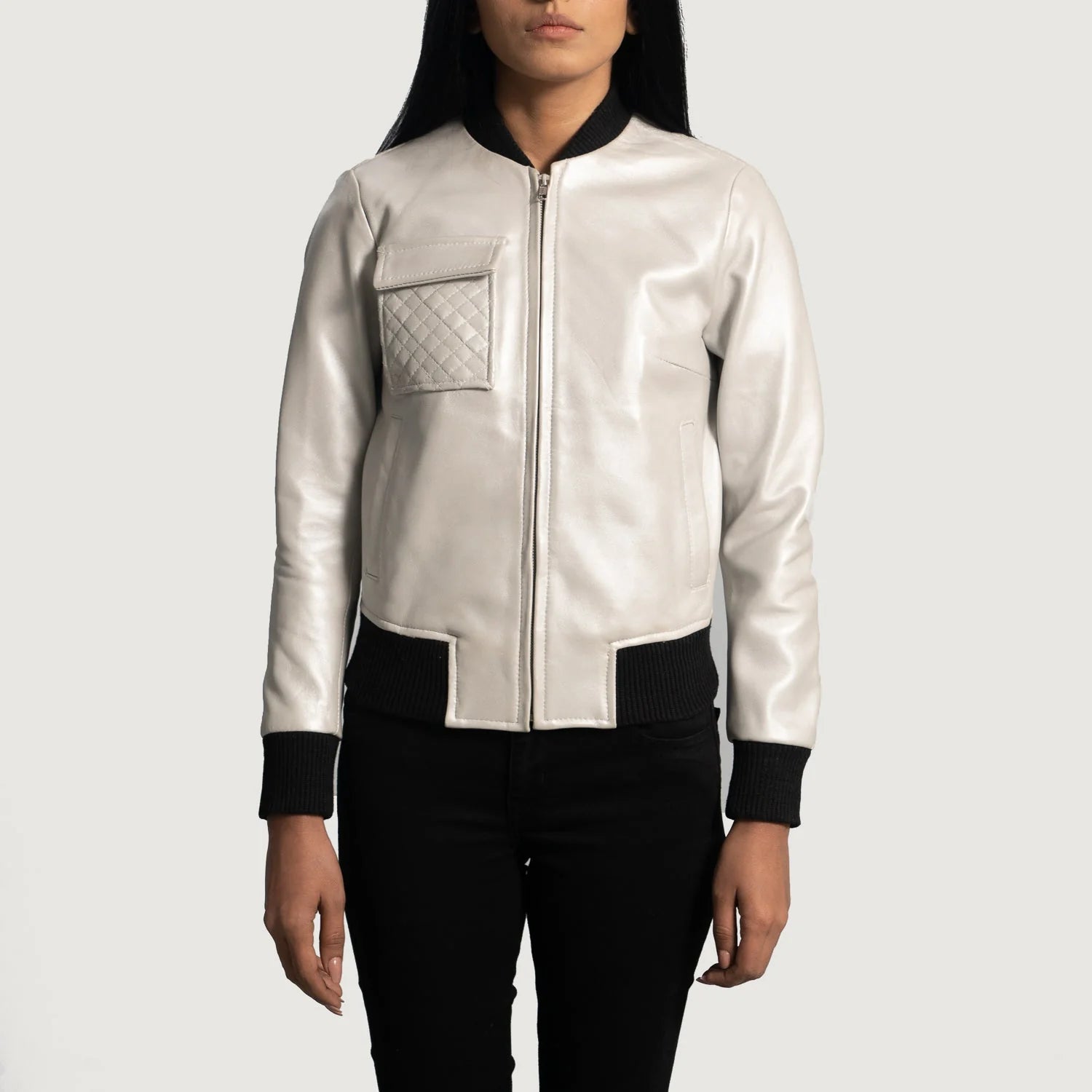 Lush Gear silver leather bomber jacket with quilted chest pocket and black ribbed cuffs and hem