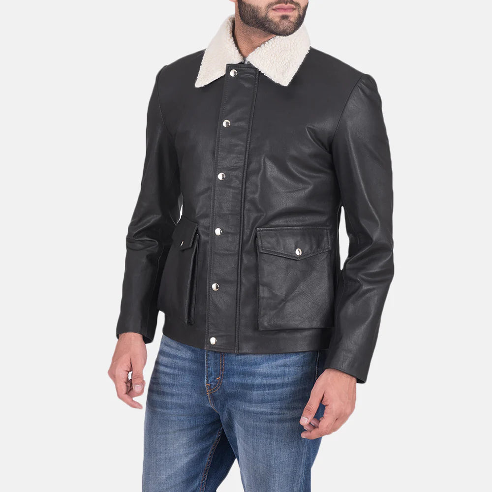 Man wearing Snow Cole Black Leather Jacket with white shearling collar and front pockets