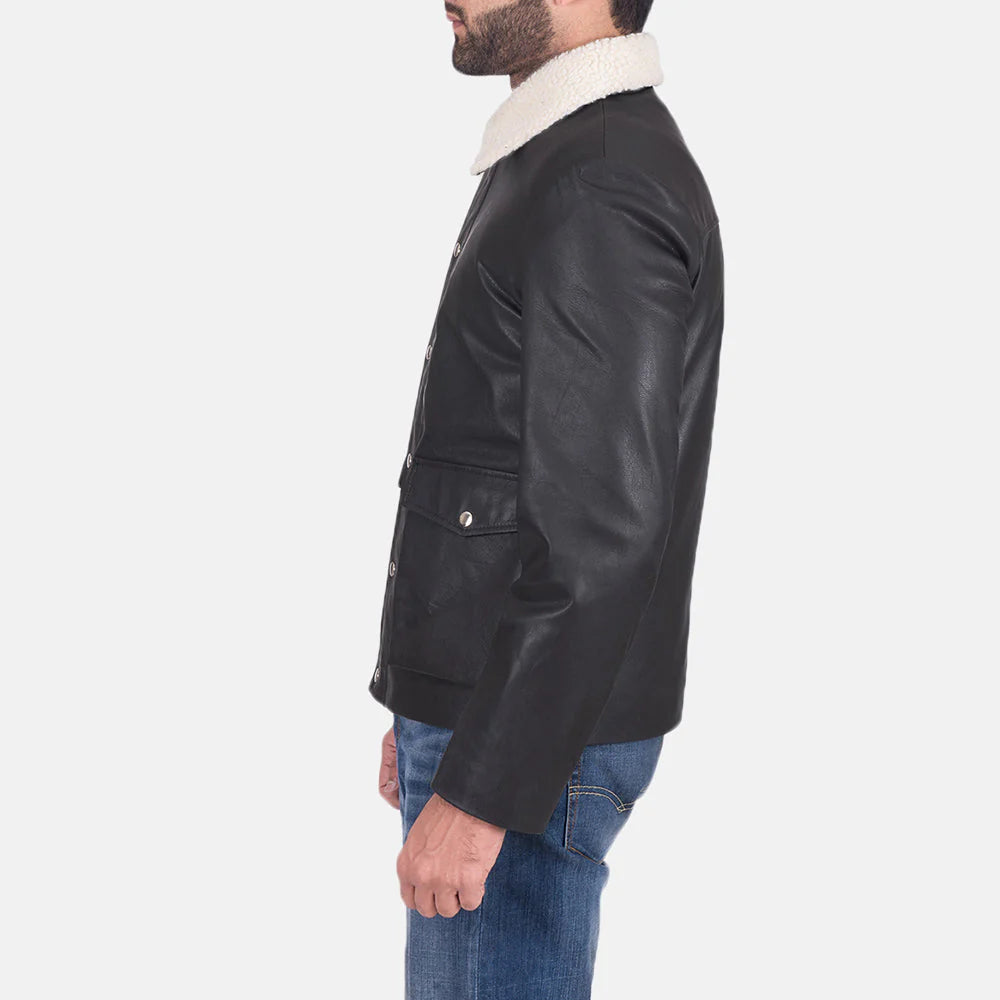 Side view of a man wearing Snow Cole Black Leather Jacket with white shearling collar from Lush Wear
