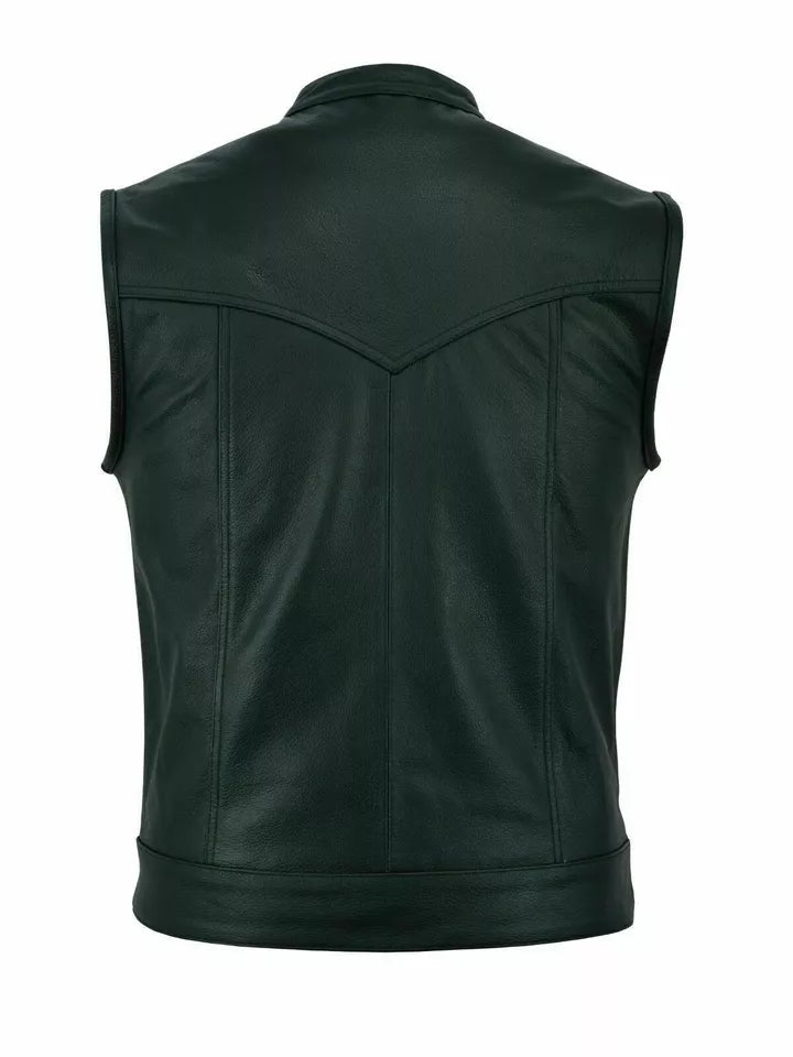 Back view of Son Of Anarchy Club Inspired Leather Vest by Lush Gear in black with detailed stitching