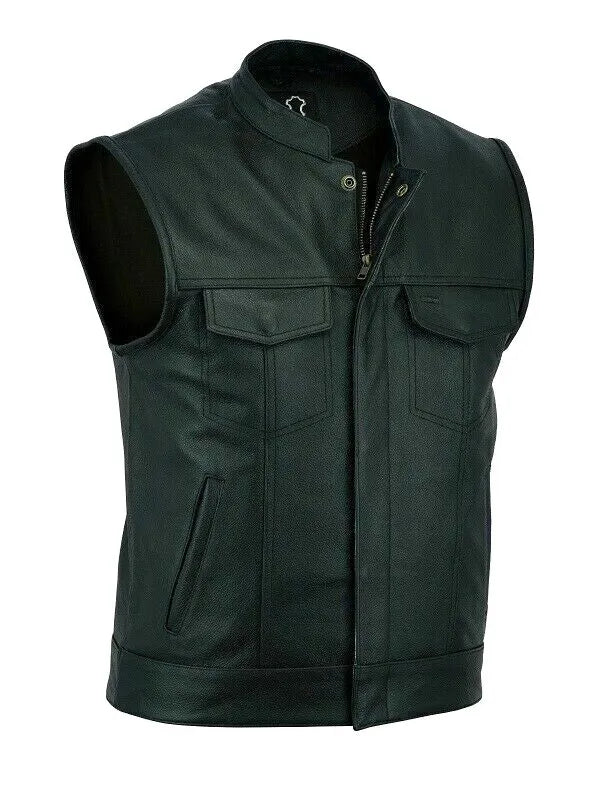 Black Son Of Anarchy Club Inspired Leather Vest with zip and button closure by Gush Wear
