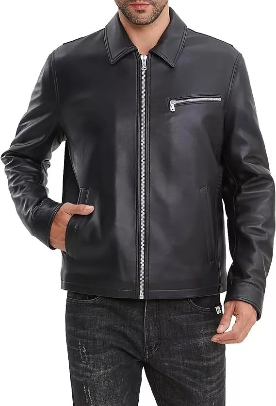 Stylish Men's Zip Front Leather Jacket - Effortless Elegance and Comfort by Lush Gear in black with zippered pockets