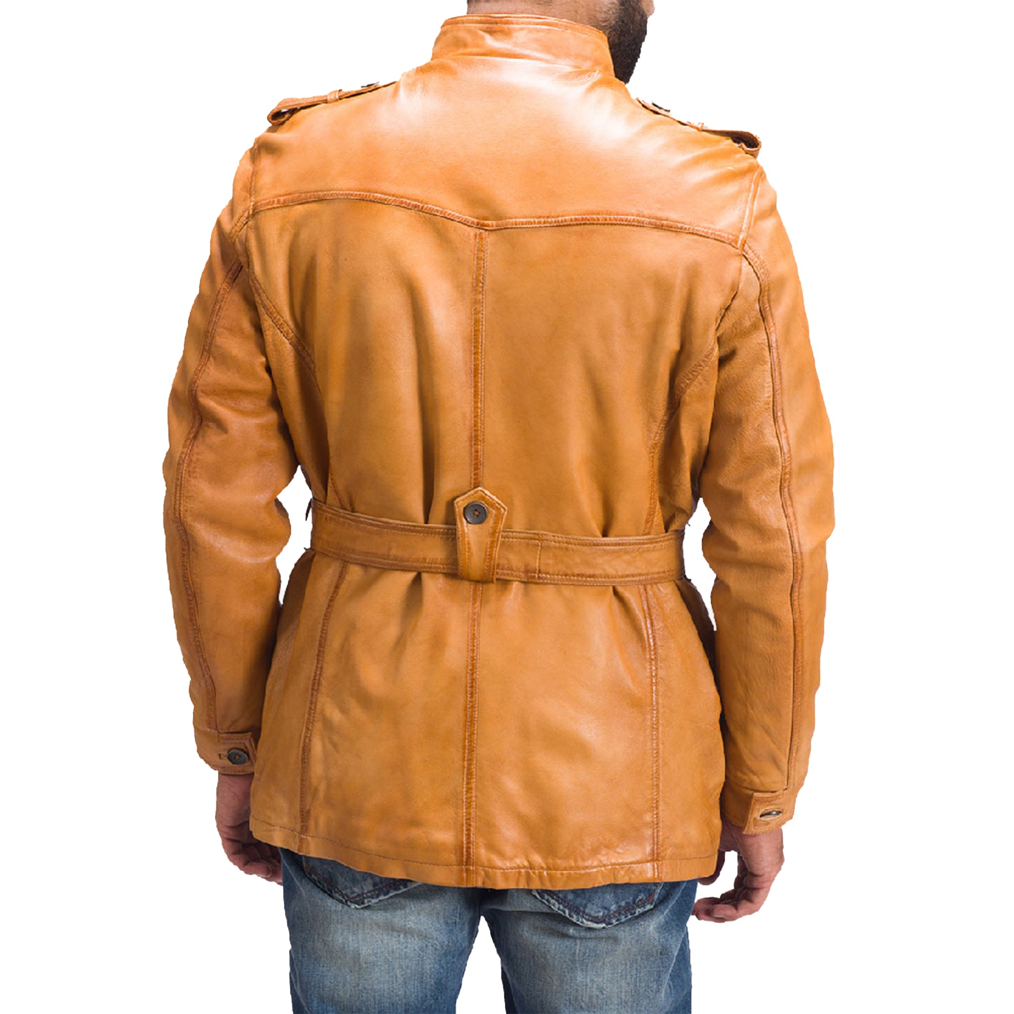 Back view of a man wearing a tan brown leather fur jacket with belt detail by Lush Gear