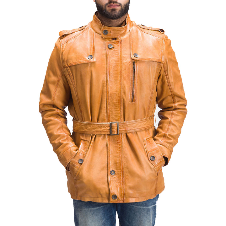 Lush Gear tan brown leather fur jacket with buckle belt and zippered chest pocket