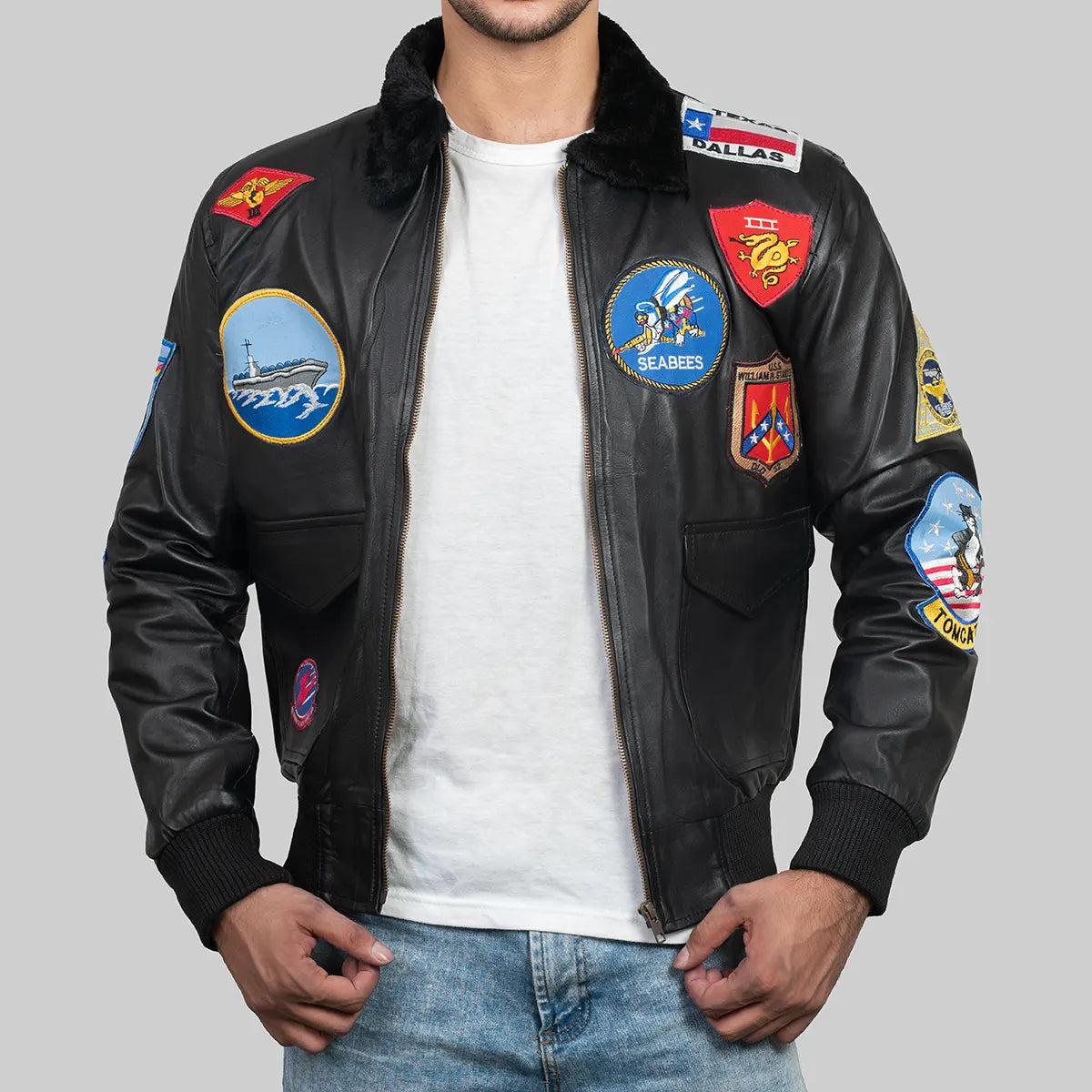 Lush Gear Top Gun Maverick bomber jacket with black leather and multiple colorful military patches