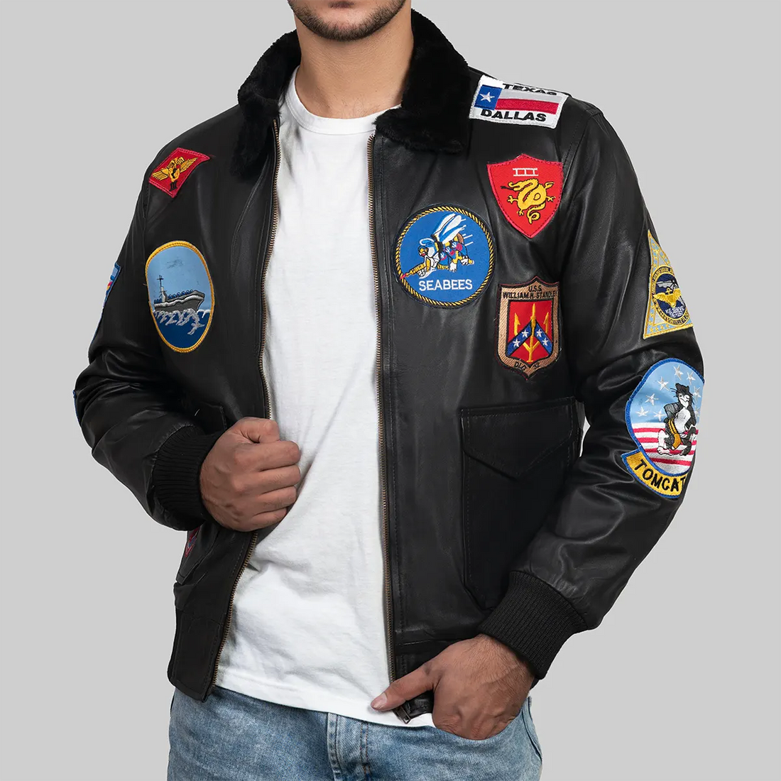 Lush Gear Top Gun Maverick bomber jacket in black leather with multiple military patches and fur collar